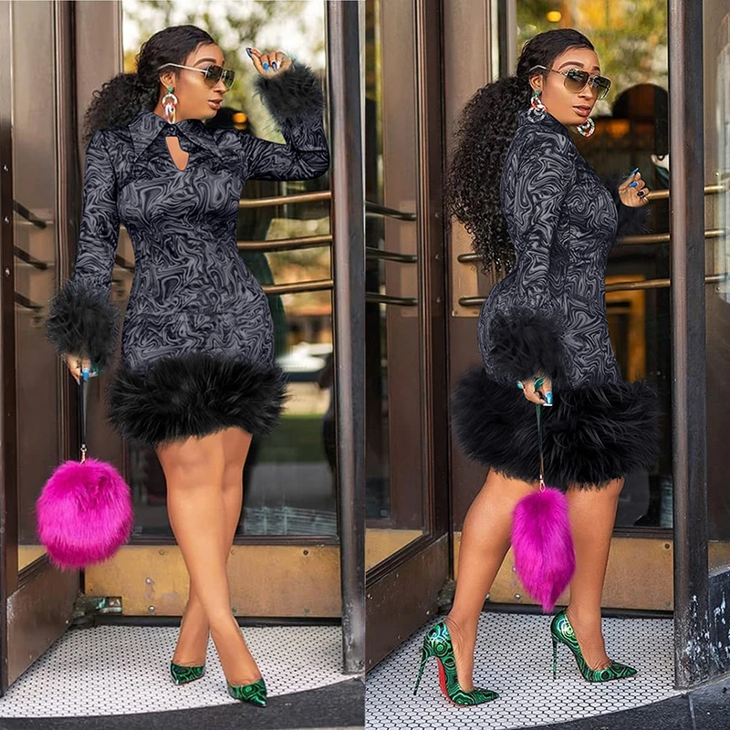 MD Woman Winter Dress 2022 African Print Feather Dress For Women Long Sleeve Evening Party Dress Plus Size 5XL European Clothing
