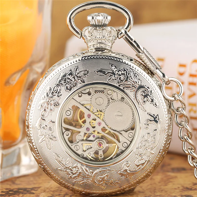 Vintage Roman Numerals Display Men Women Skeleton Mechanical Hand-Winding Pocket Watch Open Face Pendant FOB Clock Chain Reloj