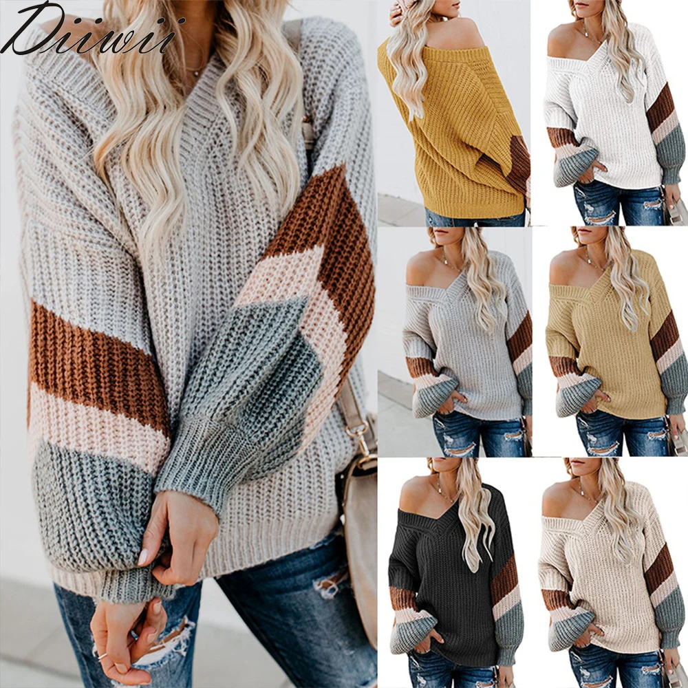 

Diiwii Female V Neck Striped Patchwork Sleeve Knit Sweater Women Loose Pullover Fall Sweaters and Pullovers Fashion New