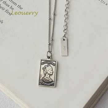 

Leouerry 925 Sterling Silver British Queen Square Pendant Necklace Original Vintage Temperament Bead Chain for Women Jewelry