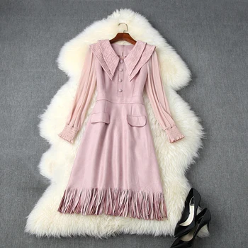 

HIGH STREET New Fashion 2020 Designer Runway Dress Women's Long Sleeve Peter Pan Collar Tassel Dress