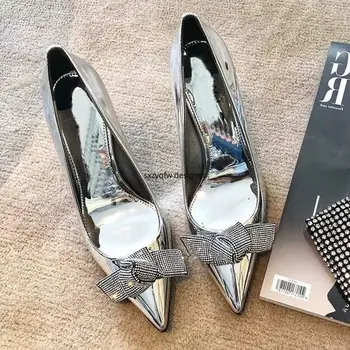 

Sliver Rhinestone Bow Decor Pointed Toe Women Elegant Pumps Banquet Shoes Women Dress Shoes Heels Women Stiletto Heels Slip-On