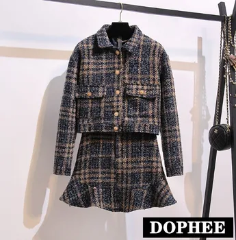 

2019 New Autumn Lady Small Fragrance Plaid Short Wool Jacket Coat + Tweed Fishtail Skirt Two-piece Women Elegant Skirt Sets