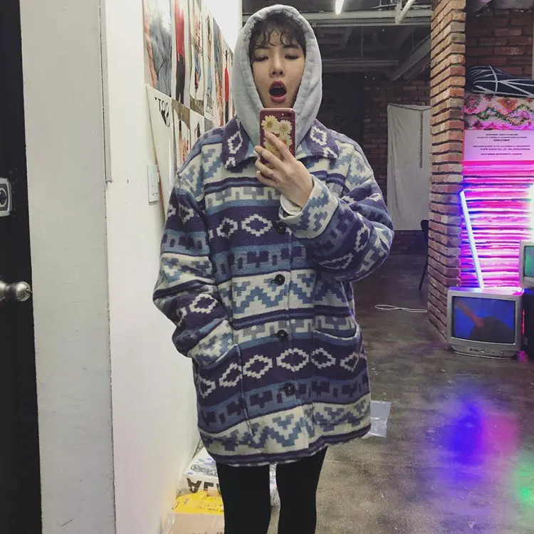 Kpop 4Minute Kim Hyun A, жаккардовые однобортные толстовки с отворотом, женская зимняя уличная одежда, шерстяные теплые толстовки, женские пальто