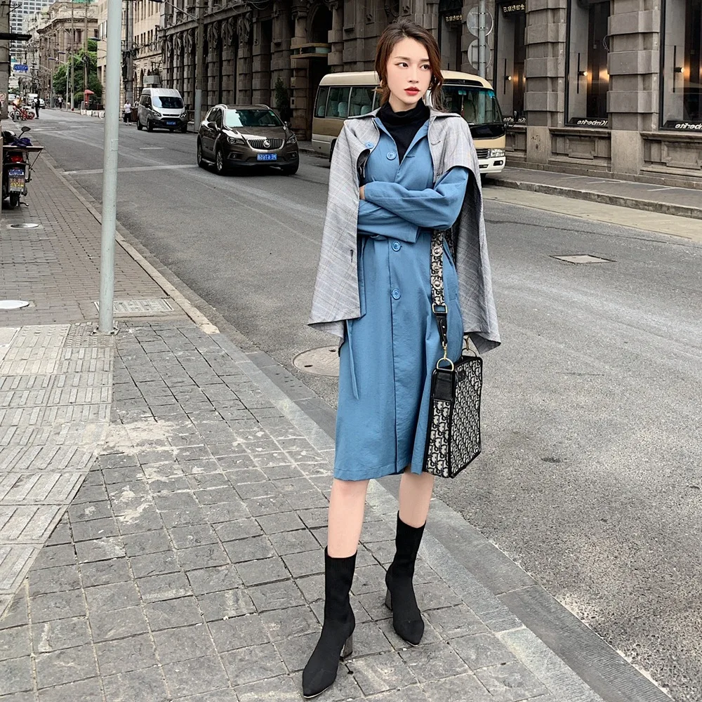 

Photo Shoot Design-Plaid Stitching Coat Women's 2019 Autumn New Style Retro CHIC-Style Waist Hugging Semi-a Convertible Trench C