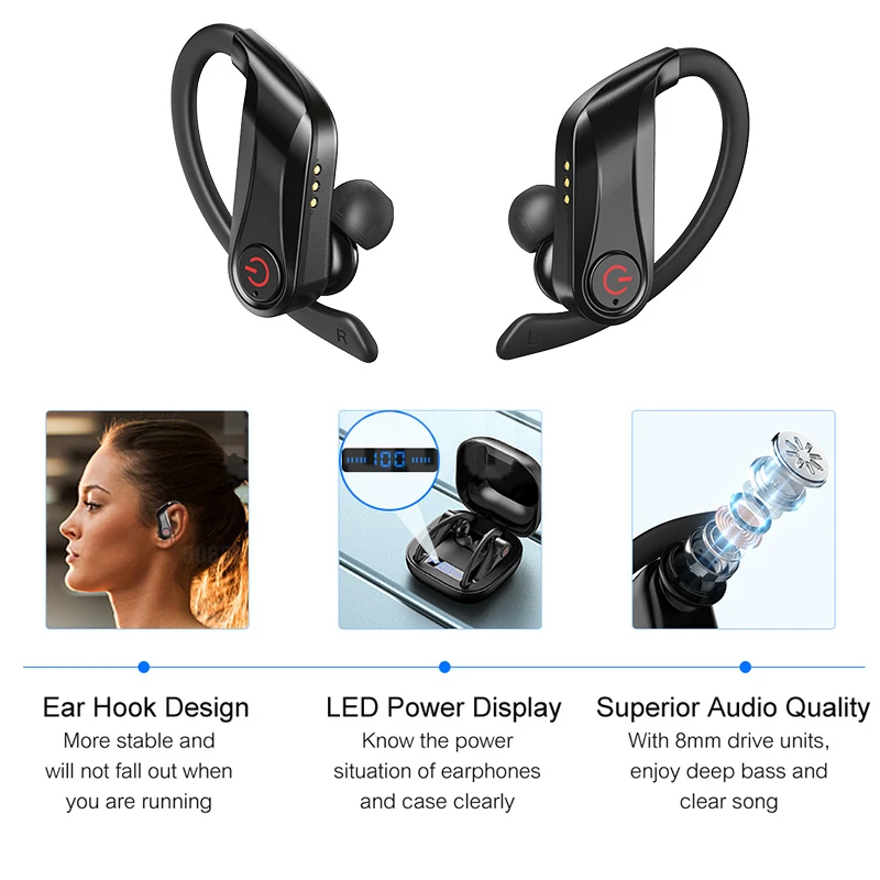 IPX5 Waterproof Headphone Smart Touch Bluetooth Earphone v5.0 TWS Sport Handsfree Wireless Headset With Charging Case For iphone