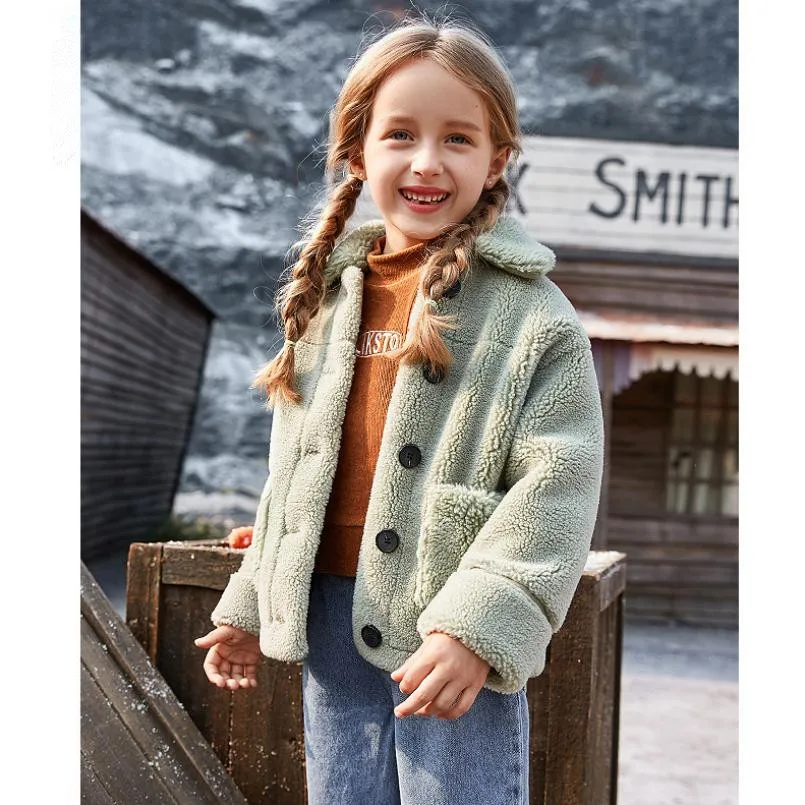 Пальто с мехом ягненка для девочек пальто с мехом Детский плюшевый медвежонок, теплая верхняя одежда однобортное пальто modis, детские куртки Y2292
