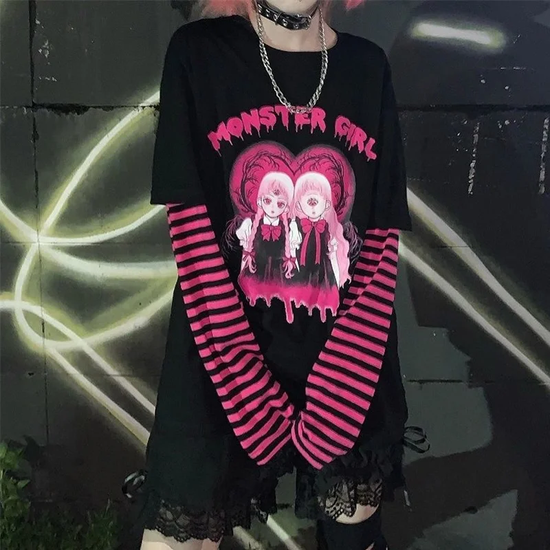 Emo Women Autumn Alt Streetwear Harajuku Gothic Anime Fairy Grunge Punk Patchwork Long Sleeve Y2K T-Shirt Hip Hop Tops Clothes chrome hearts t shirt Tees