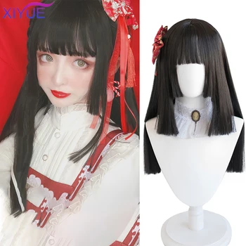 

Long Straight Hair Black Synthetic Lolita Wigs with Princess Cut Bangs Fashion Female Cosplay Party Christmas Wigs Free Gifts