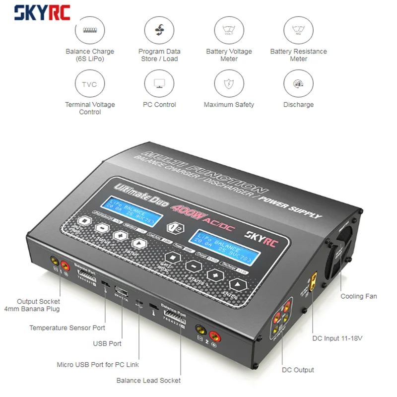 SKYRC D400 400 Вт/20А поддерживает 2x7S двойное зарядное устройство smart balance 150 Вт Выходная мощность может использоваться в качестве источника питания