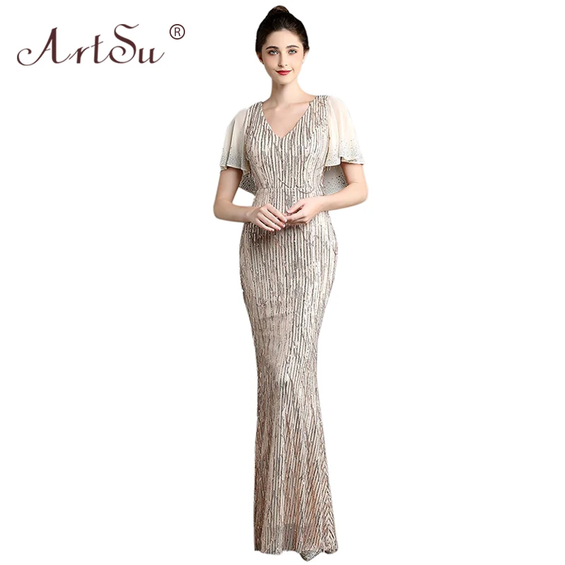 ArtSu Robe De Soiree Черный Длинные Русалка Вечерние платья Элегантный бриллиантовый Бисер с блестками и с бахромой, Для женщин с v-образным вырезом, платье на выпускной, серый - Цвет: Золотой