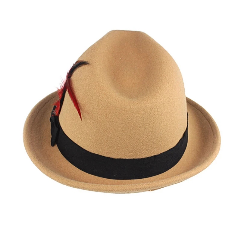 Мужчины Женщины жесткий фетр перо группа Трилби джаз шляпа Sunhat