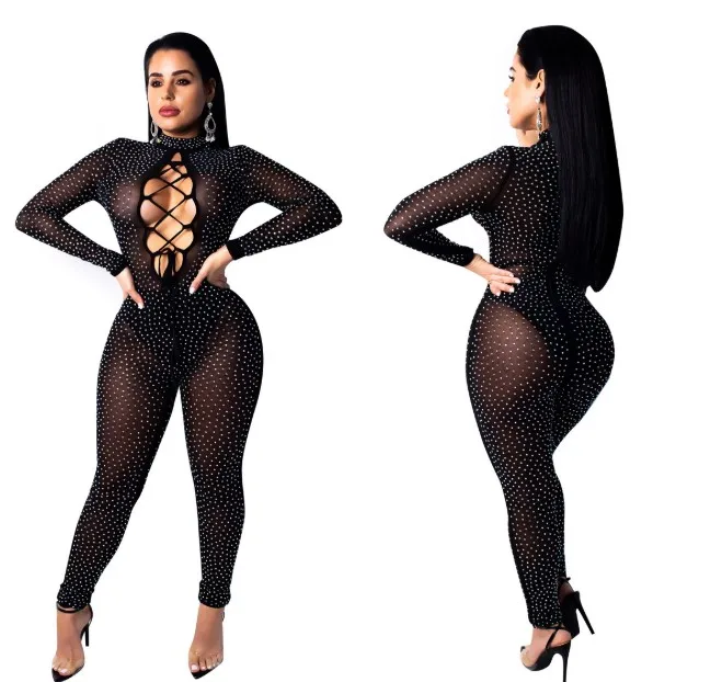 Cultiseed Women Sexy Hot Drilling Slim Hip Jumpsuits Rompers Female Fashion Hollow Out Bandage Mesh Jumpsuits Ladies Jumpsuits