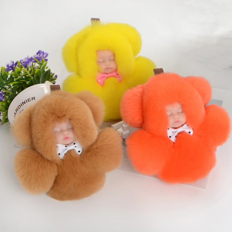 

Cute Rex Rabbit Fur Sleeping Baby Doll Key Chain Women Fluffy Pompom Keychain Llaveros Keyring Holder Bag Chaveiro Pompon Porte