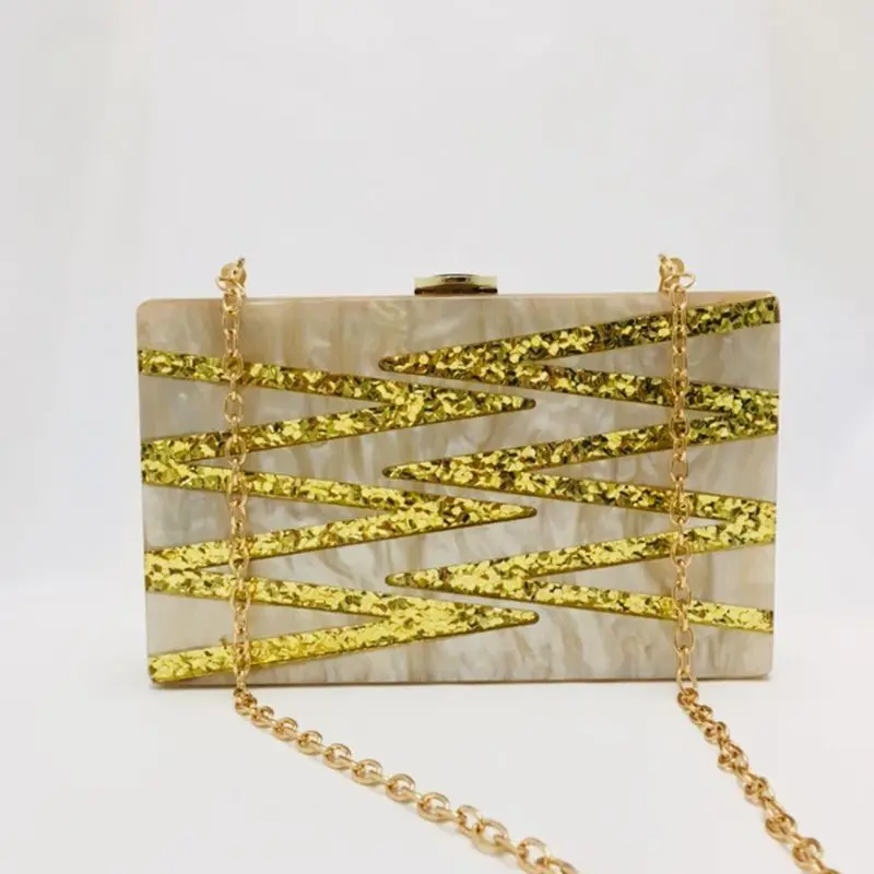 Women Vintage Striped Patchwork Clutch Evening Bag Bridal Party Acrylic Handbag F42A