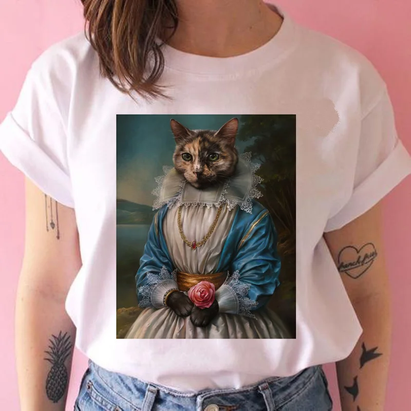Mona lisa cat Футболка ulzzang Женская Хип-хоп забавная Футболка модная harajuku kawaii женская футболка уличная 90s Tumblr