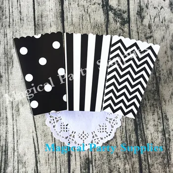 

On Sale 36pcs Birthday Party Black Popcorn Box Stripe Dot Chevron Design Popcorn Bucket Candy Box Food Packing Popcorn Container