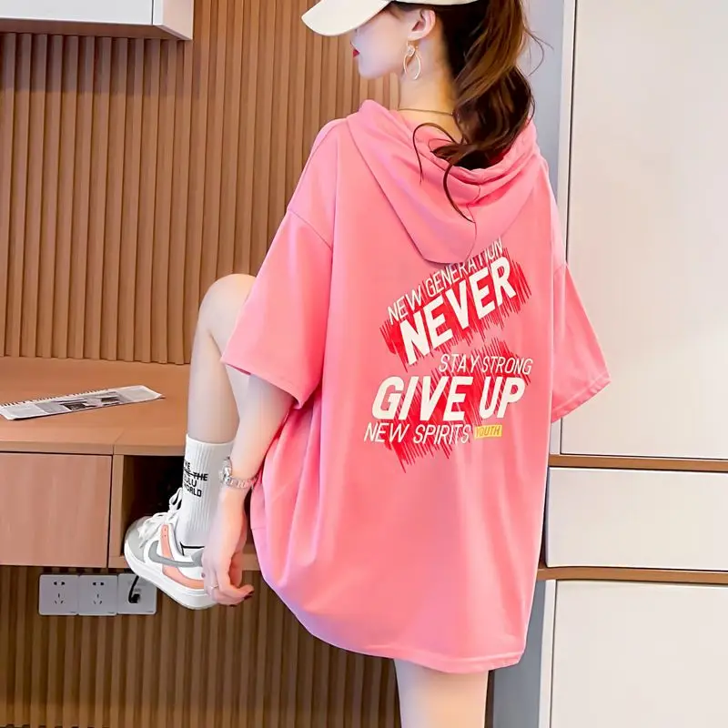 Large Size Hooded T Shirt Women's Short Sleeve T Shirt Oversized Hoodies  Summer Korean Student Loose Half-sleeved Top Tide Ins - AliExpress
