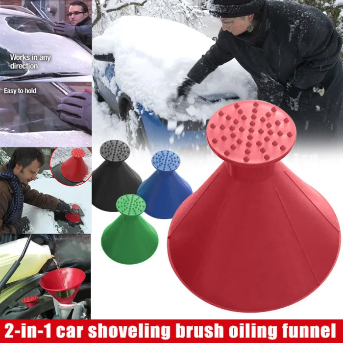 2 In 1 Tool Oil Funnel Round Ice Scraper Car Windshield Scraper Snow Remover Brush E2S