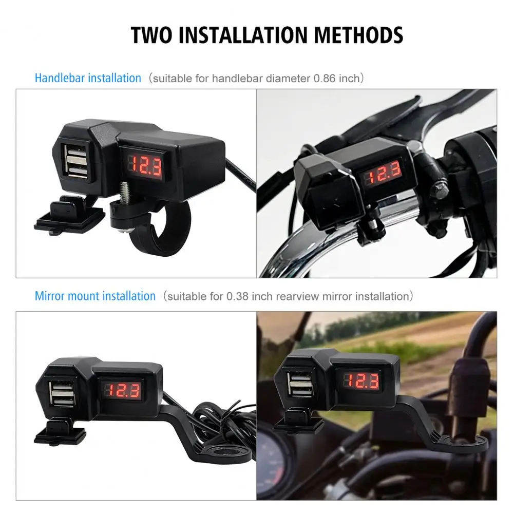 Motorcycle Charger Waterproof Dual USB Black 3.4A 10-24V Phone Charger Voltmeter Display Accessories for Electric Scooter