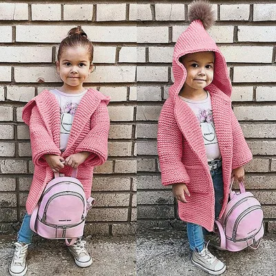 Вязаный свитер для маленьких девочек; пальто-кардиган с капюшоном; вязаная куртка для малышей; длинный теплый детский вязанный кардиган; Детский свитер; пальто - Цвет: Розовый