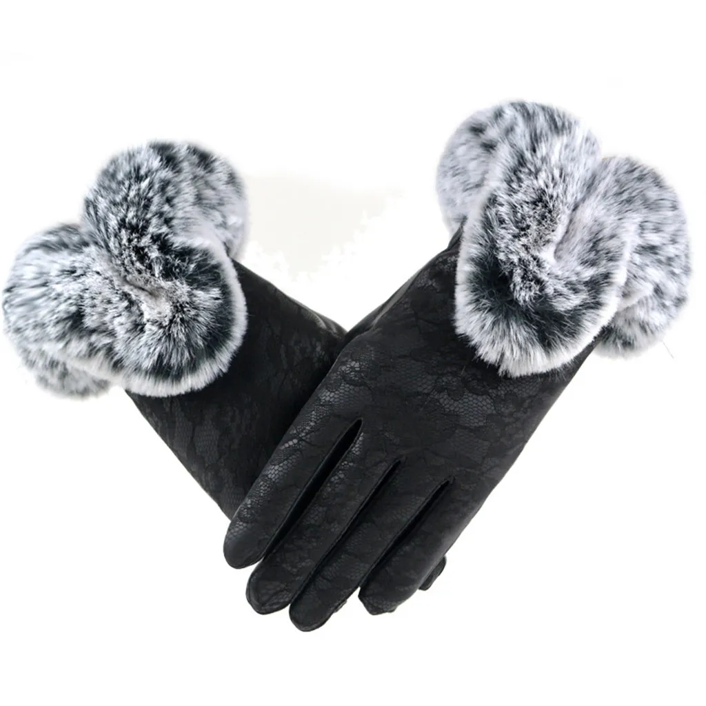 1 пара, женские зимние теплые перчатки, кружевные перчатки, для использования телефона, для велоспорта, бега, мотоцикла, перчатки, утолщенные, искусственный мех, женские перчатки - Цвет: Black