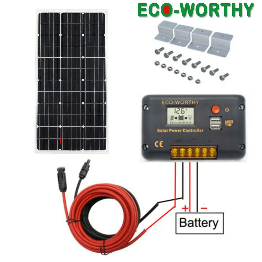 ECO WORTHY 100W 12V моно комплект солнечных панелей 20A Контроллер заряда батарей вне сети