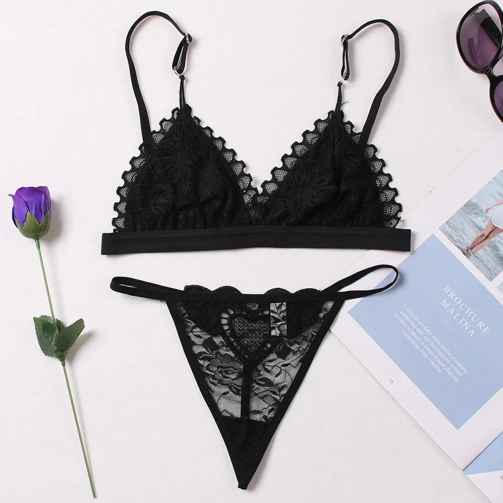 Sexy Lingerie Hot Temptation Three-Point Bra Love T Pants Suit Hollow Lace Thong Passion Hot Erotic Underwear Lenceria Mujer