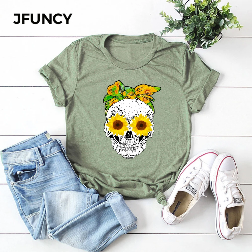 Женская футболка JFUNCY хлопковая с коротким рукавом и принтом скелета для
