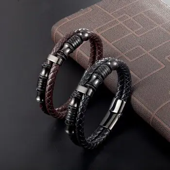

Handsome punk men's bracelet woven leather bracelet black / brown stainless steel magnetic buckle bracelet magnetic men's gift