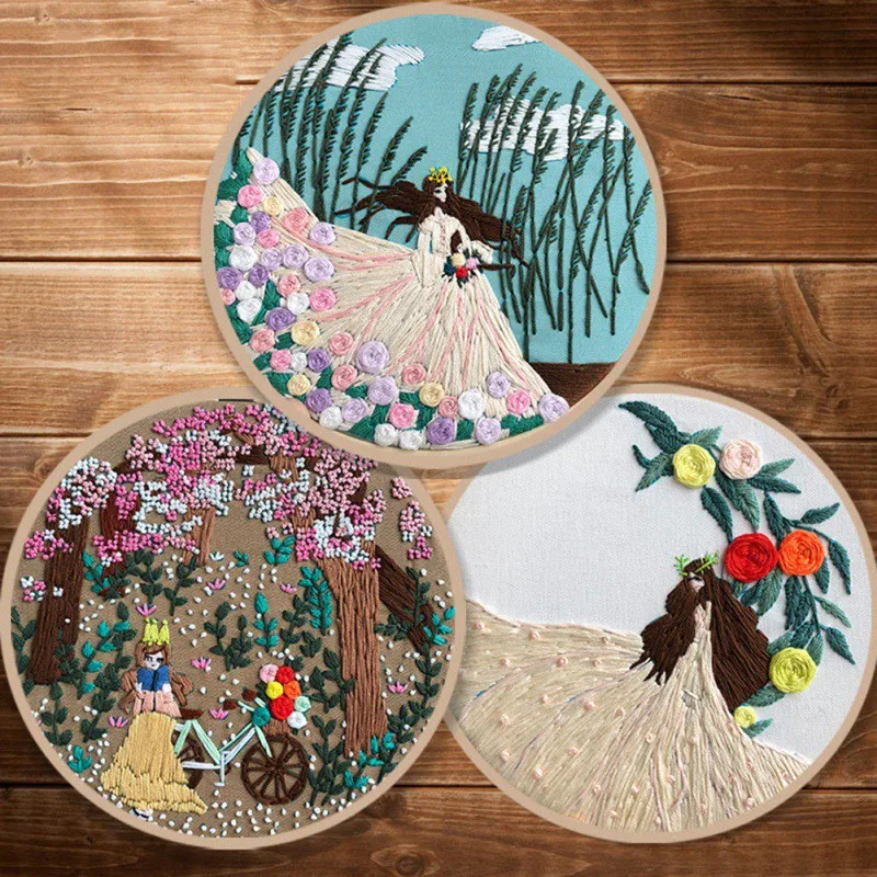 Flower Embroidery Starter Kit with Plastic Embroidery Hoop Cotton Linen Cloth Color Thread Art Needlework Sewing Craft Set