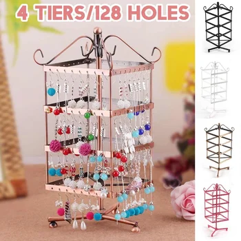 

4 Layers128 Holes Metal Jewelry Display Shelf 360 Degree Rotatting Earring Storage Rack Jewelry Organizer Square Type