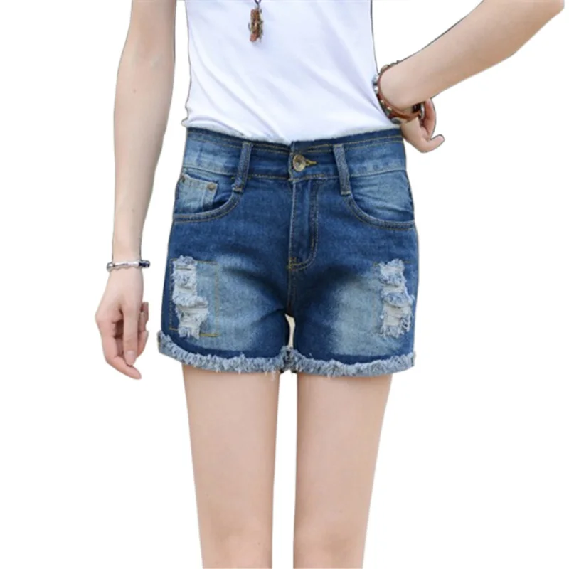 Новые женские модные корейские рваные женские Стрейчевые джинсовые шорты с высокой талией, женские летние рваные джинсы, свободные шорты размера плюс, укороченный топ