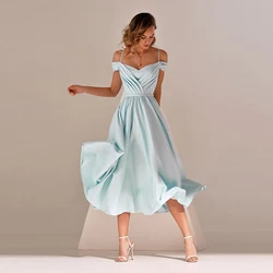 Simple Short Light Blue Wedding Dress For Party Tea Length Pleat Thin Straps A Line Zipper Back Bridal Civil Свадебное платье
