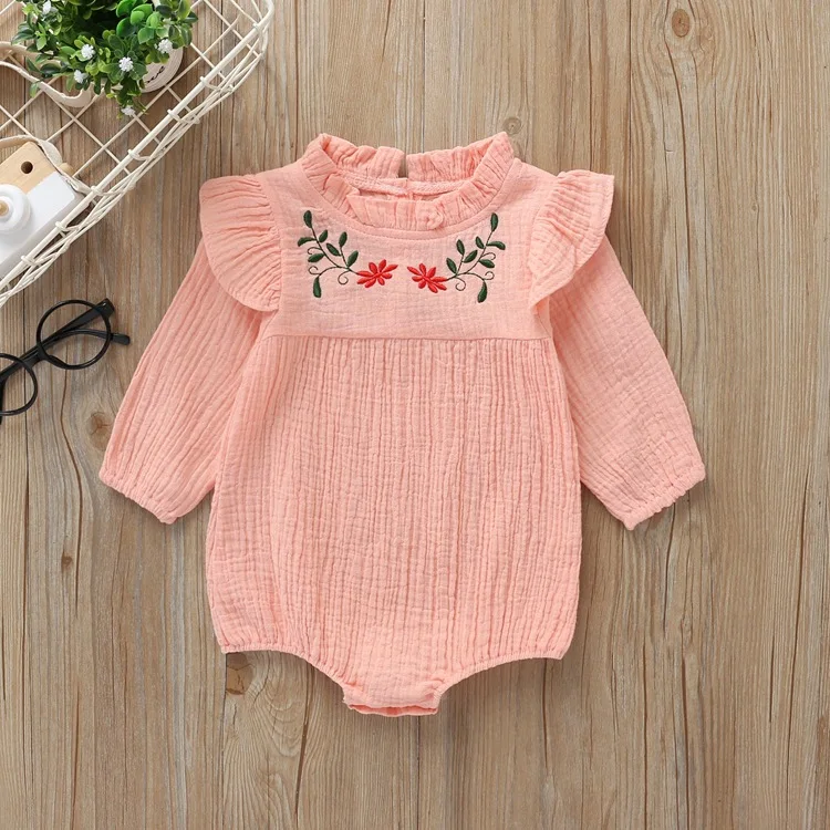 6M-2T bodysuit for girls embroidery flower on collar full length long sleeve solid color clothing - Цвет: Розовый