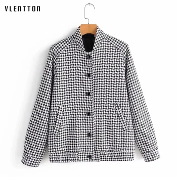 

Autumn Winter Vintage Plaid Tweed Jacket Coat Women's Fashion Houndstooth Stand Pockets Jackets Outwear Female Chaqueta Mujer