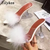 Eilyken Summer Woman Pumps PVC Transparent Feather Perspex Crystal High Heels Fur Peep Toe Mules Slippers Ladies Slides Shoes ► Photo 2/6