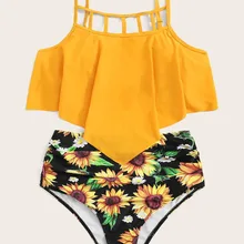 Swimwear Women Sunflower Print Ruffle Two Piece Swimsuit Female Halter Bathing Suit Beach High Waist Swimwear Banador Mujer