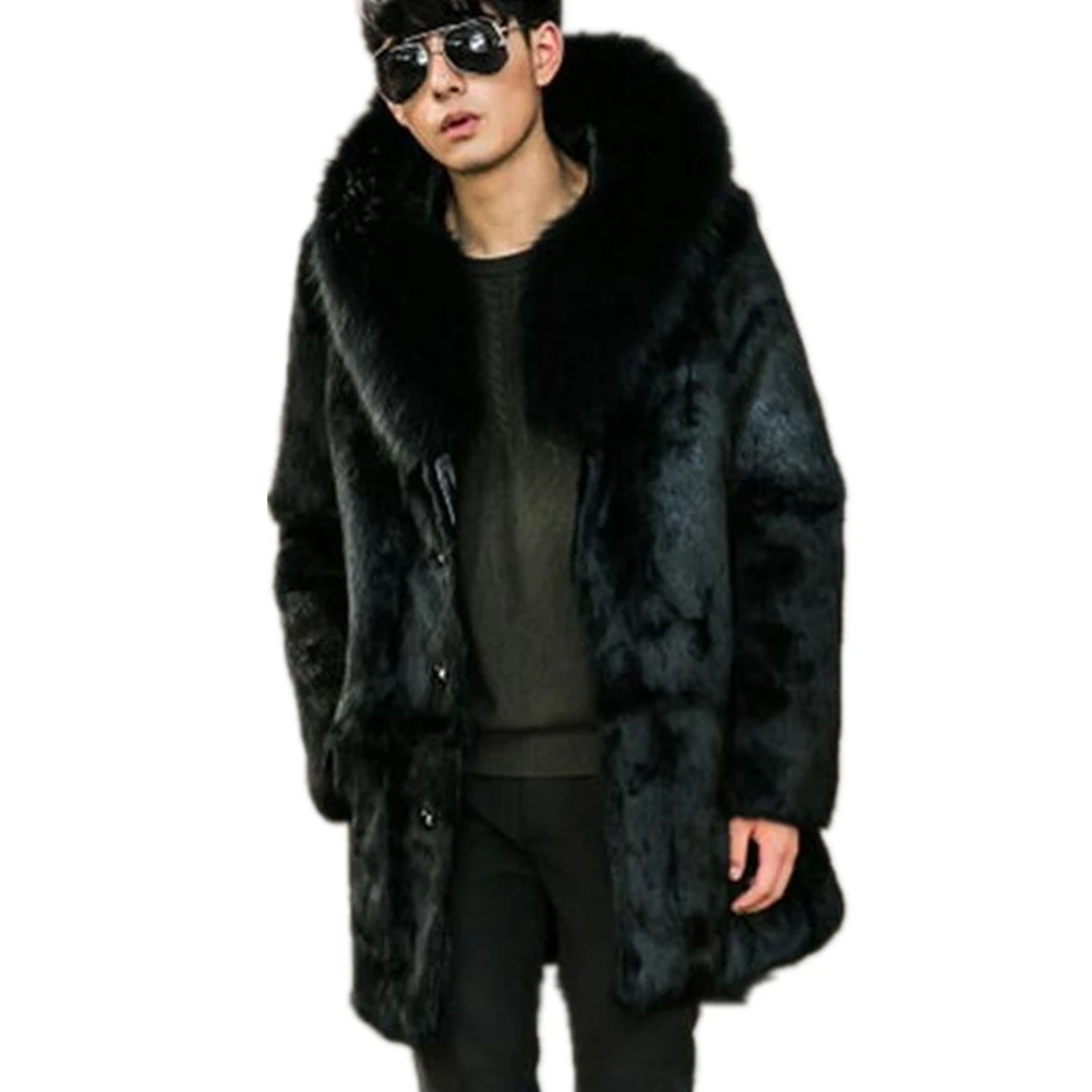 Новинка, большие размеры 6XL, осенне-зимняя верхняя одежда, мужское длинное пальто из искусственного меха норки, большая парка с капюшоном, пальто, толстое теплое Черное меховое пальто, куртка - Цвет: Черный