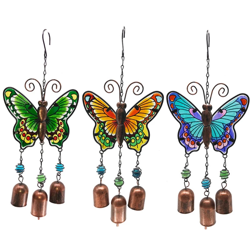 1PC Blue Green Yellow Butterfly Wind Chime Wrought Iron Glass Painted Metal Bell Pendant Creative Home Decoration Wall Hangings | Дом и сад