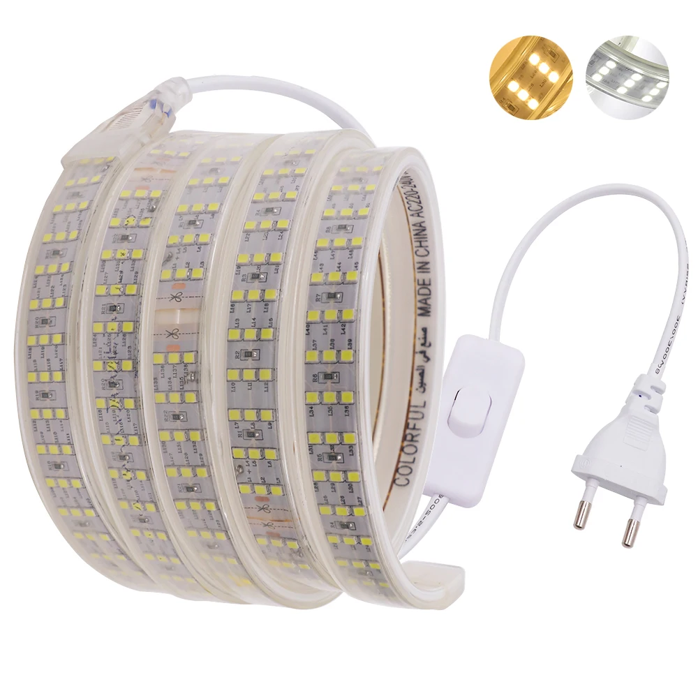 

EU 220V LED Strip Waterproof 120 276Leds/m SMD 2835 5050 60leds Flexible Ribbon Tape Led Strip Light Lamp With Switch