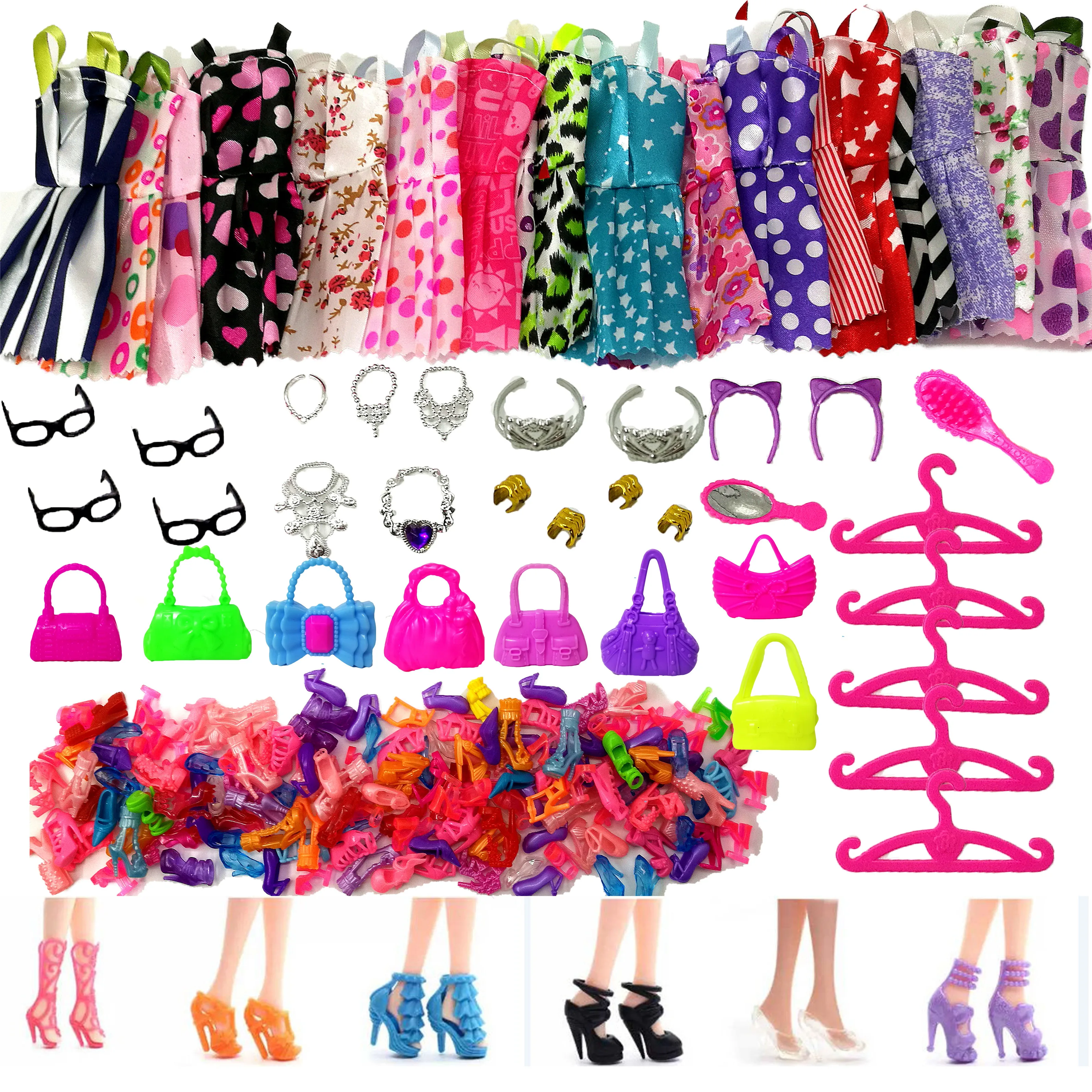 42 Pack For Barbie Doll Clothes Party Gown Outfits Shoes Glasses Necklaces Girls 
