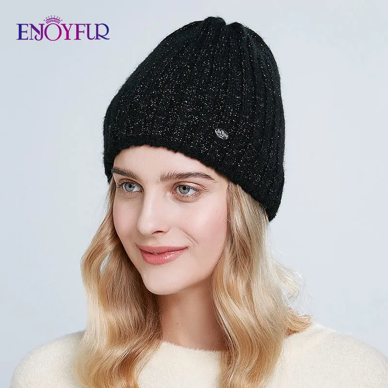 ENJOYFUR Thick warm winter hats for women soft mohair knitted female caps double lining beanies - Цвет: 01