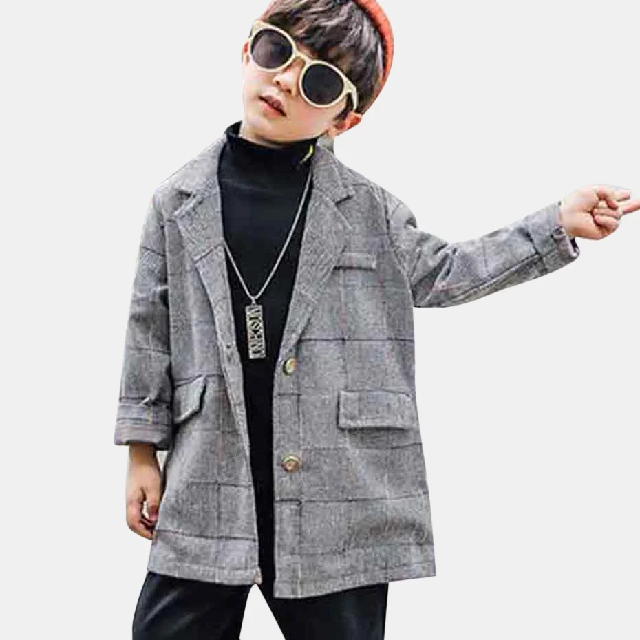 Boys Coat Long Plaid Boy Outerwear Single Breasted Boys Blazer Autumn Winter Casual Children's Clothing For Boy Streetwear