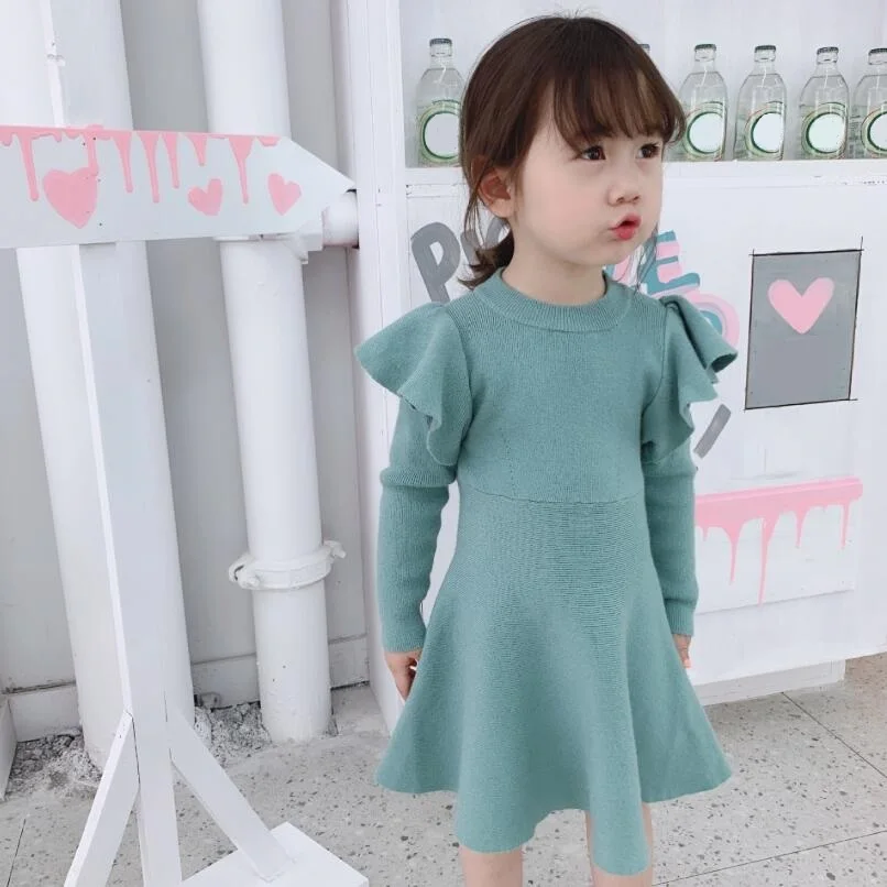 Autumn Winter Baby Toddler Knitted Dress Long Sleeve Girl Princess Dresses Sweaters Kids Party Dresses For Girls JW7676