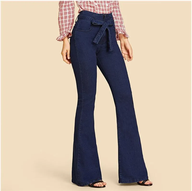 Navy Tie Waist Flare Jeans Woman Denim Trousers Vintage Women Clothes Fall High Waist Pants Belted Stretchy Jeans