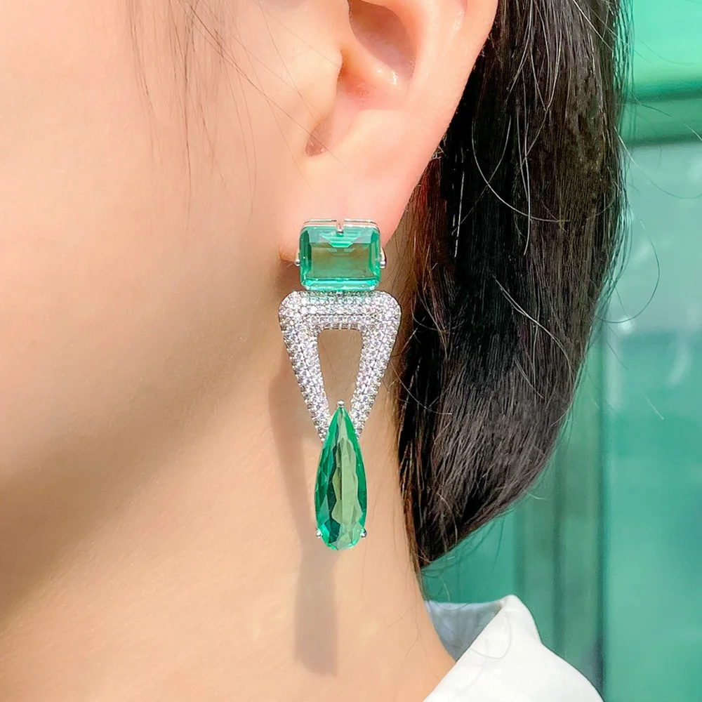 CWWZircons New Trendy Triangle Green Water Drop Long Crystal