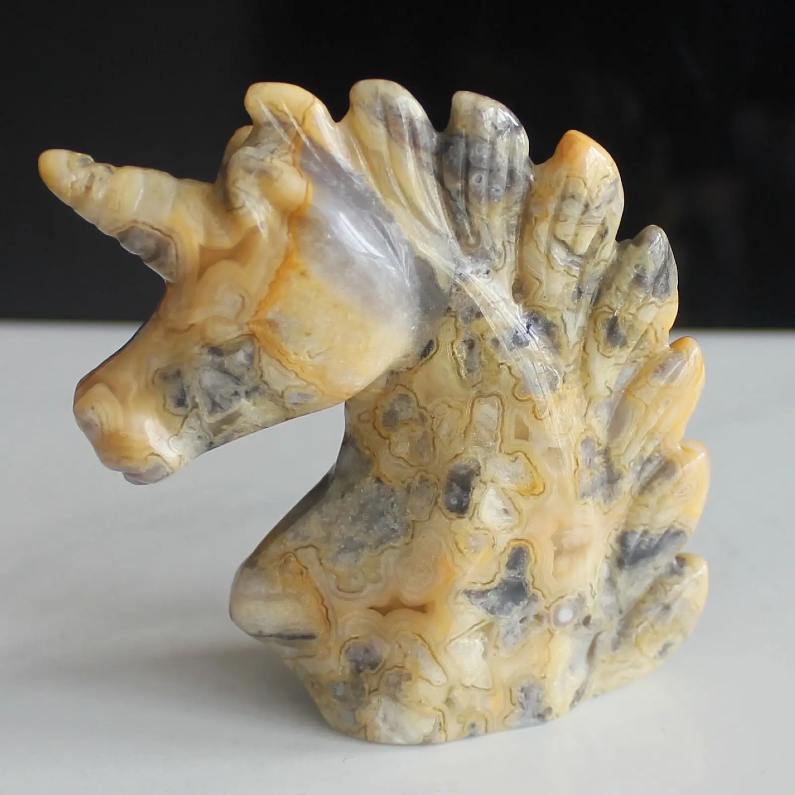 

65mm Hand Carved Gemstone Crazy lace Agate Unicorn Skull Figurine Carving