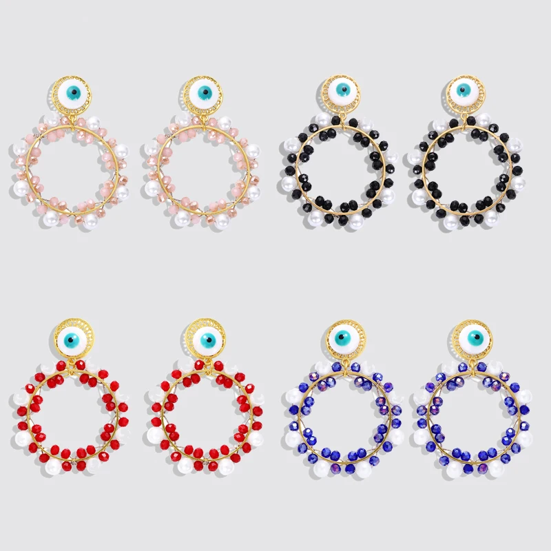 

Dvacaman 2019 New Arrival Unique Chic Eyes Earrings Handmade Round Pearl Beads Statement Drop Earrings for Women Fashion Jewelry