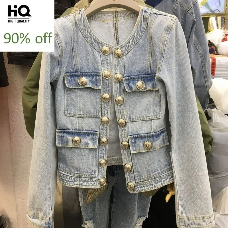 Mode O-hals Lange Mouwen Jean Jas Vrouwen Vintage Gewassen Metalen Enkele Breasted Korte Denim Jas Lichtblauw Slanke Bovenkleding Mode O-hals Lange Mouwen Jean Jas Vrouwen Vintage Gewassen Metalen Enkele Breasted Korte Denim Jas Lichtblauw Slanke Bovenkleding